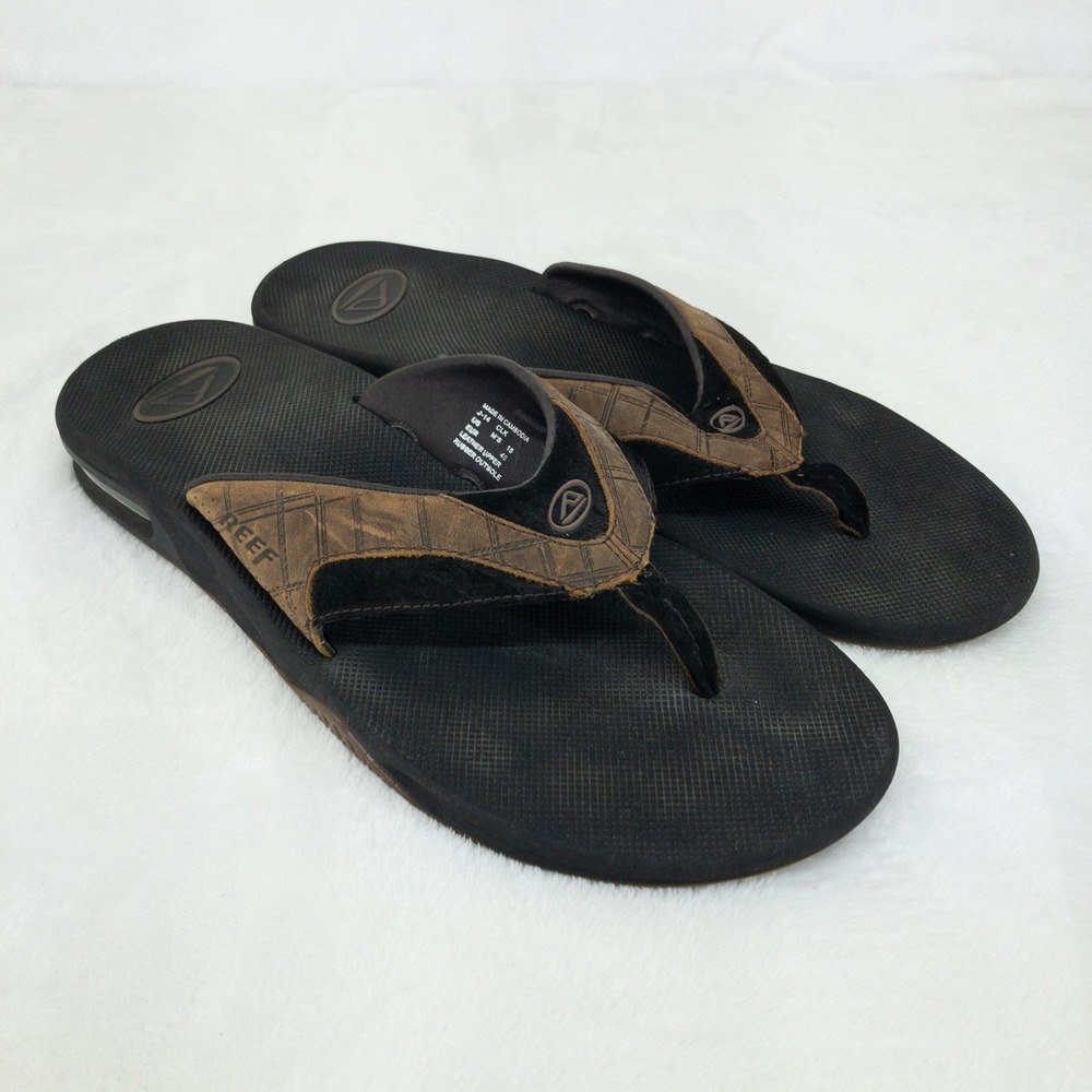 Reef Fanning Sandals Mens 15 Black Brown Leather Thong Flip Flops Bottle Opener